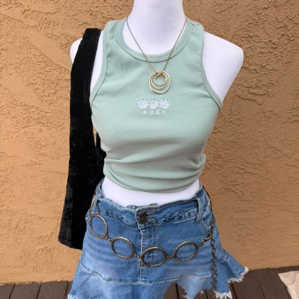 Mint green Roxy tank top with white flower embroidery